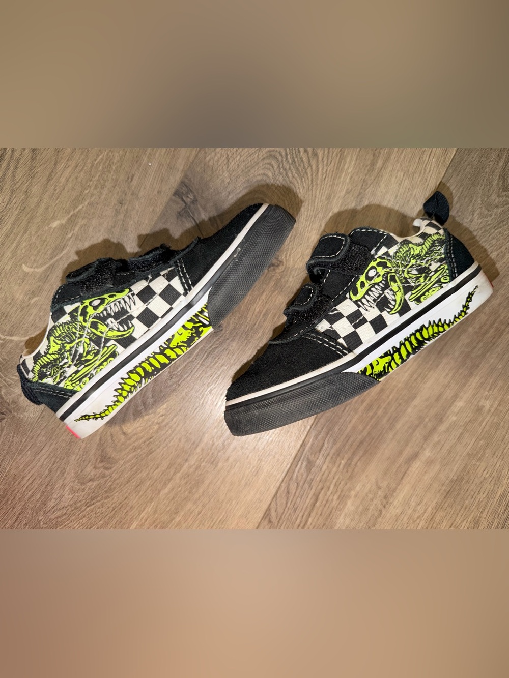 Vans Kids Black & Neon Green Check T-Rex Skate Sneakers